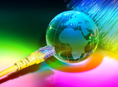 glass earth with network against fiber optic background